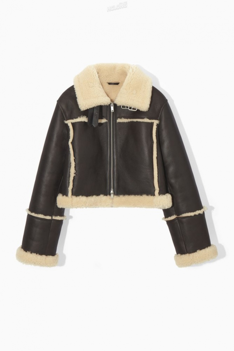 COS Cropped Shearling Jacket Women's Coats & Jackets Dark Brown / Cream | GM25-T2XK