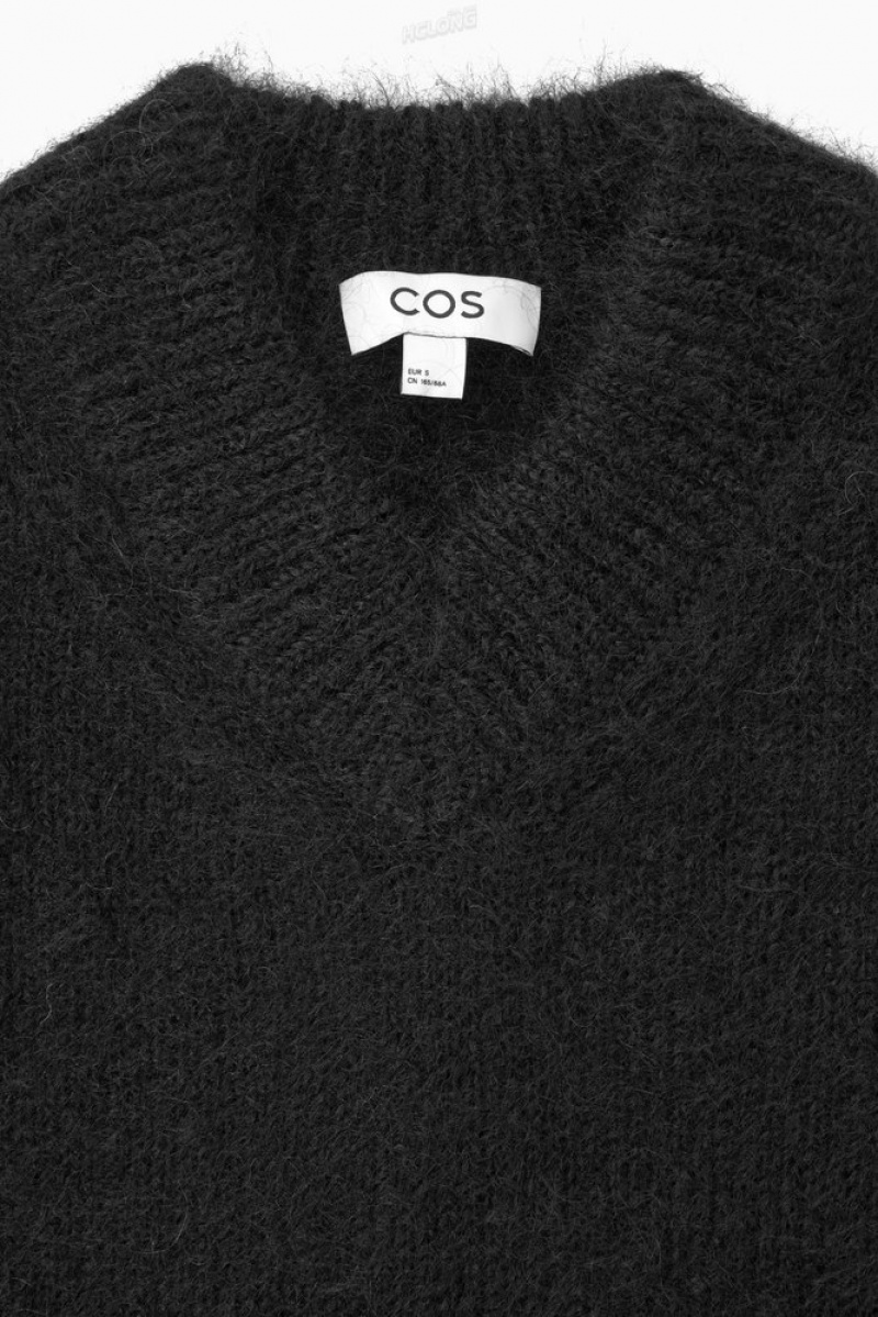 COS Cropped V-Neck Mohair Jumper Women's Knitwear & Cardigans Navy / Argyle | GP50-V9VK