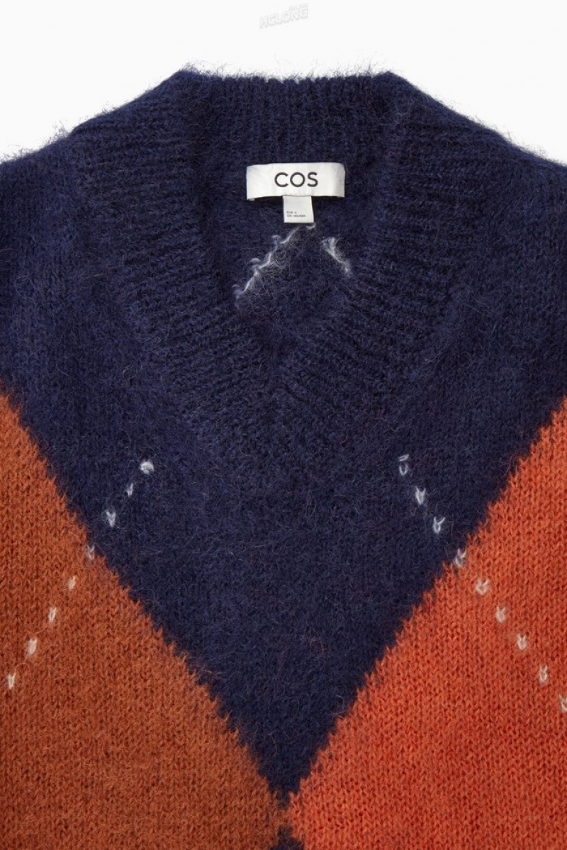 COS Cropped V-Neck Mohair Sweater Women's Sweaters & Cardigans Navy / Argyle | OZ82-K7QJ