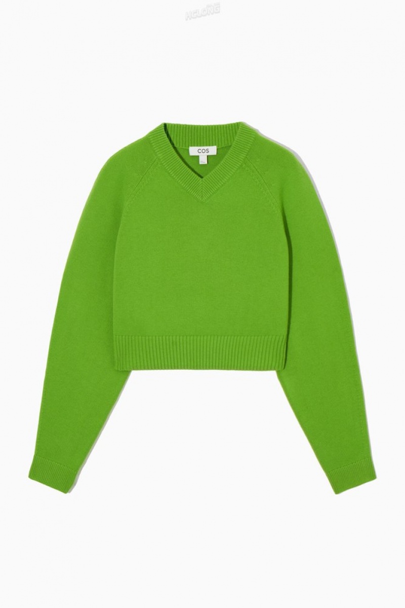 COS Cropped V-Neck Wool Jumper Women's Knitwear & Cardigans Green | SK39-K4JG