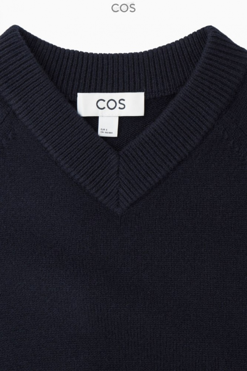 COS Cropped V-Neck Wool Sweater Women's Sweaters & Cardigans Navy | SY73-Z7LG