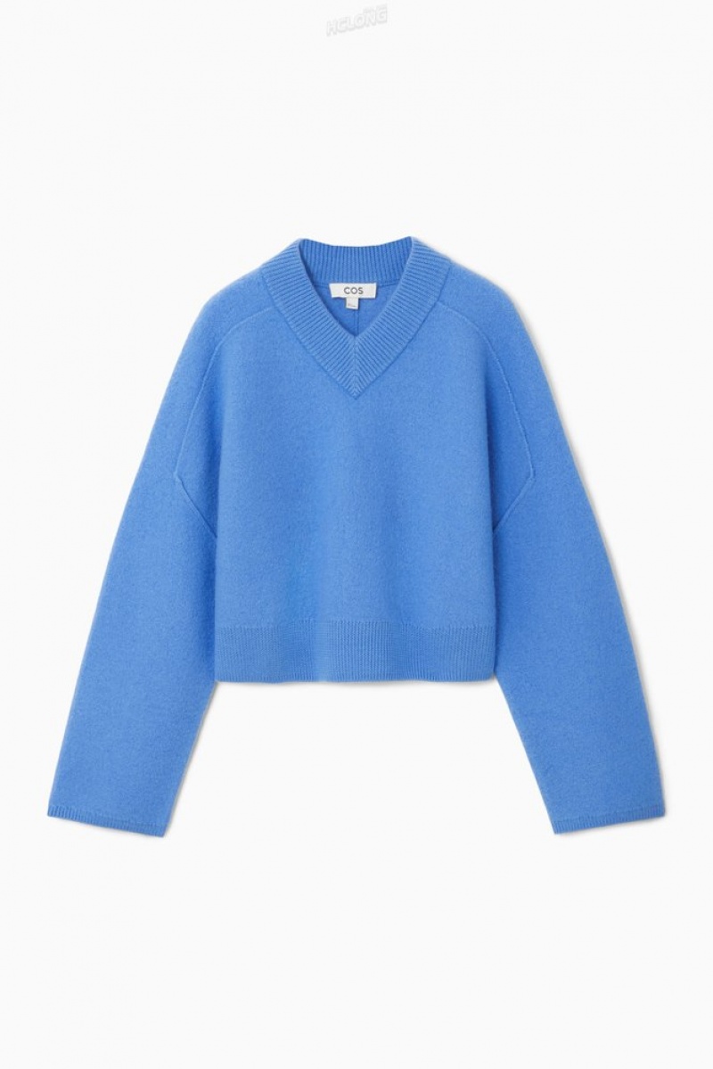 COS Cropped V-Neck Wool Sweater Women's Sweaters & Cardigans Sky Blue | KT17-P8ZI