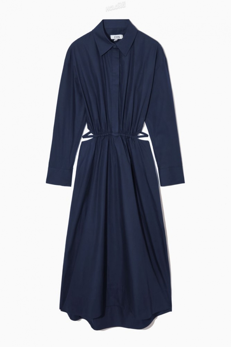 COS Cutout-Waist Midi Shirt Dress Women's Dresses Navy | FI05-D1EA