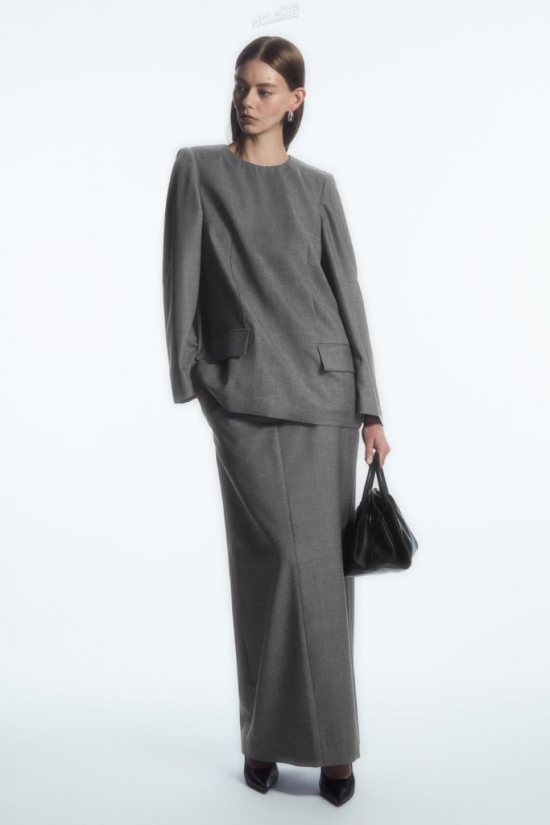 COS Deconstructed Power-Shoulder Wool Top Women's Shirts & Blouses Gray | RE49-N8NK