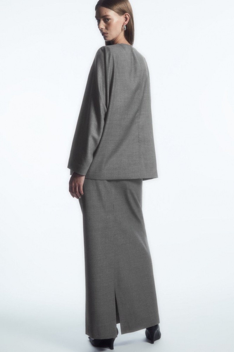 COS Deconstructed Power-Shoulder Wool Top Women's Shirts & Blouses Gray | RE49-N8NK