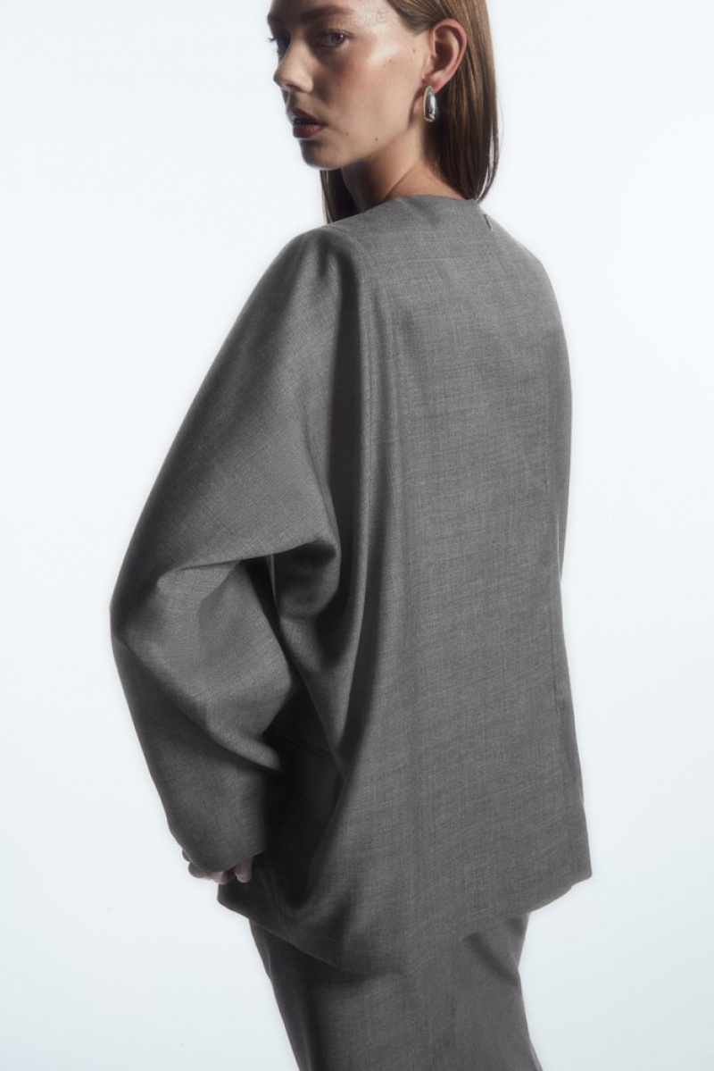 COS Deconstructed Power-Shoulder Wool Top Women's Shirts & Blouses Gray | RE49-N8NK