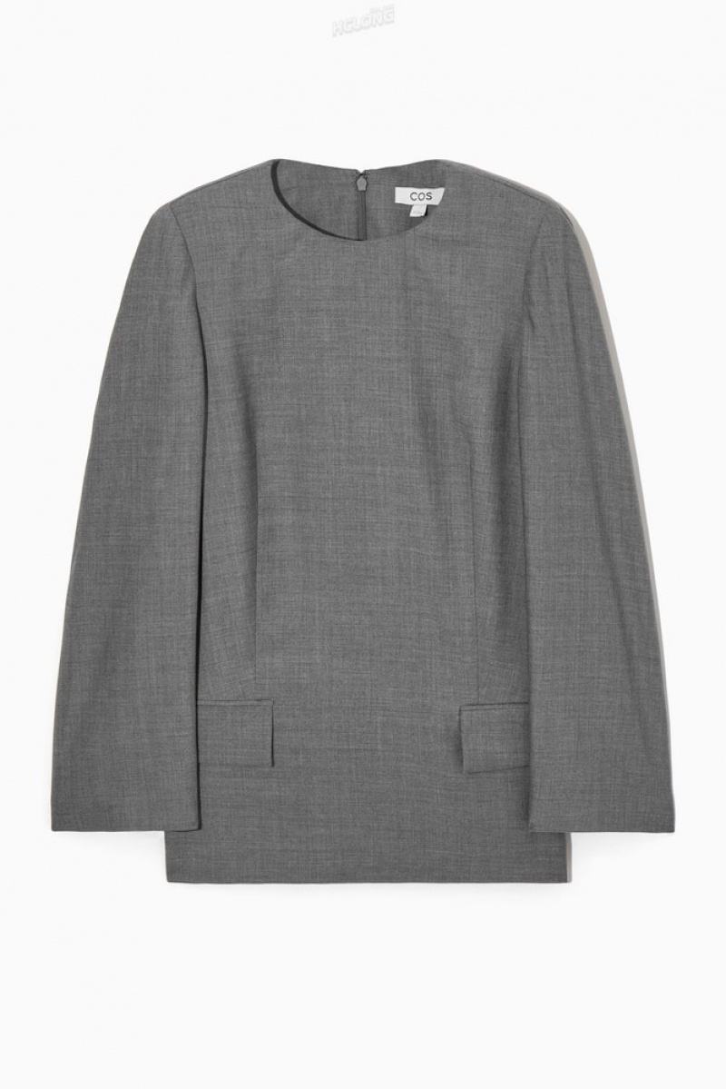 COS Deconstructed Power-Shoulder Wool Top Women's Shirts & Blouses Gray | RE49-N8NK