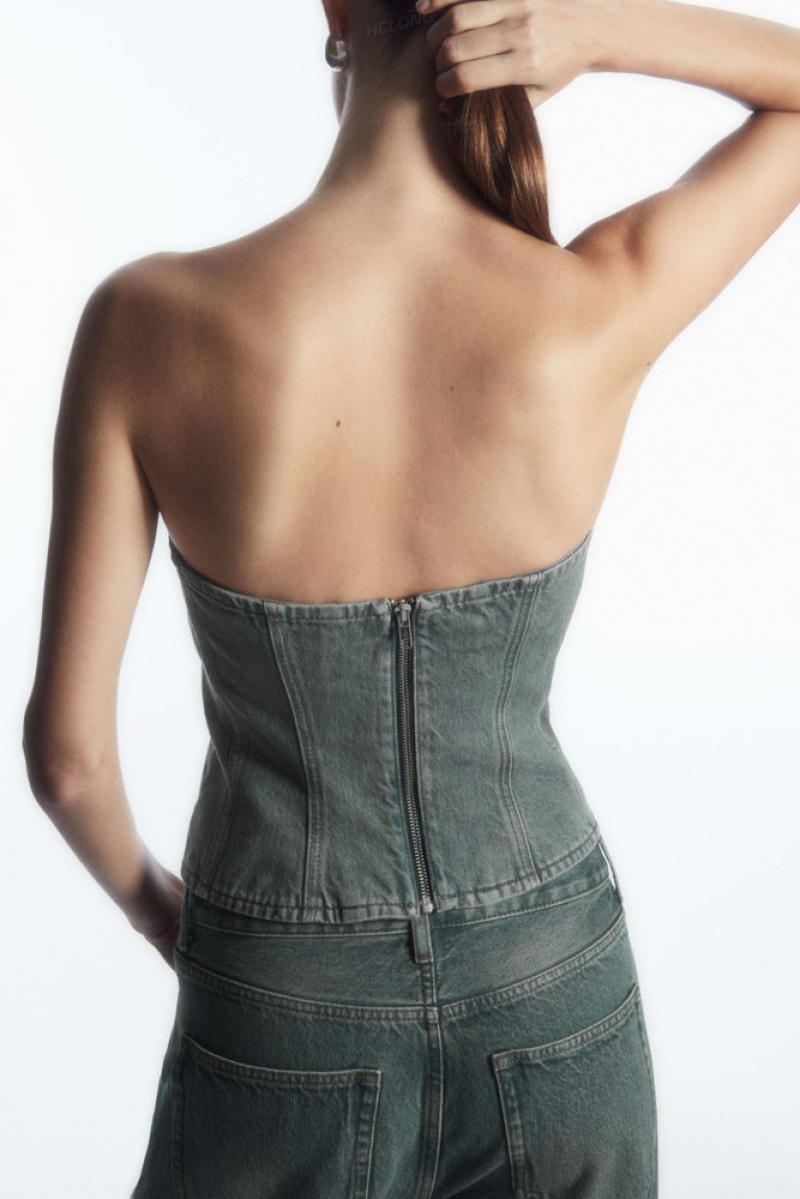 COS Denim Bustier Women's Tops Blue | JW63-M0MK