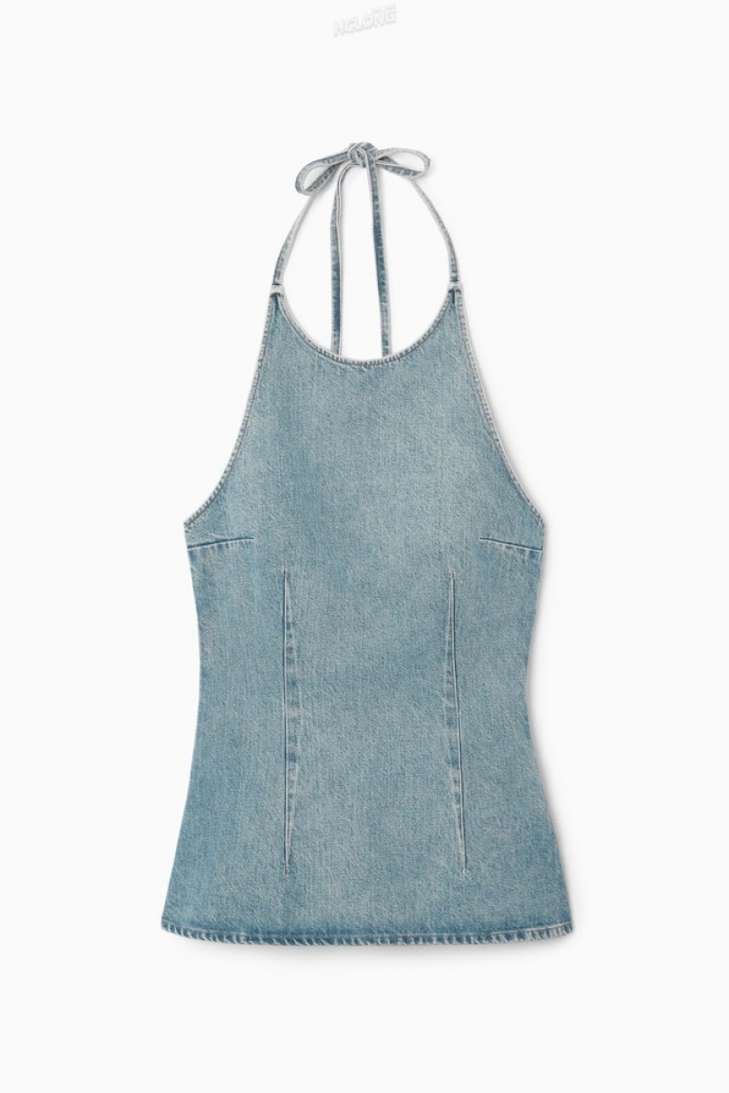 COS Denim Halterneck Top Women's Tops Dusty Blue | ST60-Y1VF