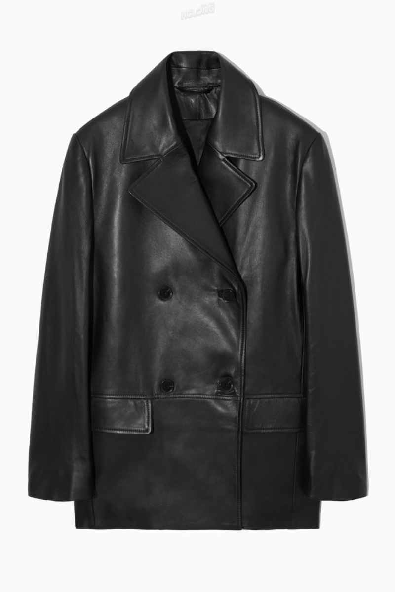 COS Double-Breasted Leather Jacket Women's Blazers & Tailoring Black | HE38-A9YP