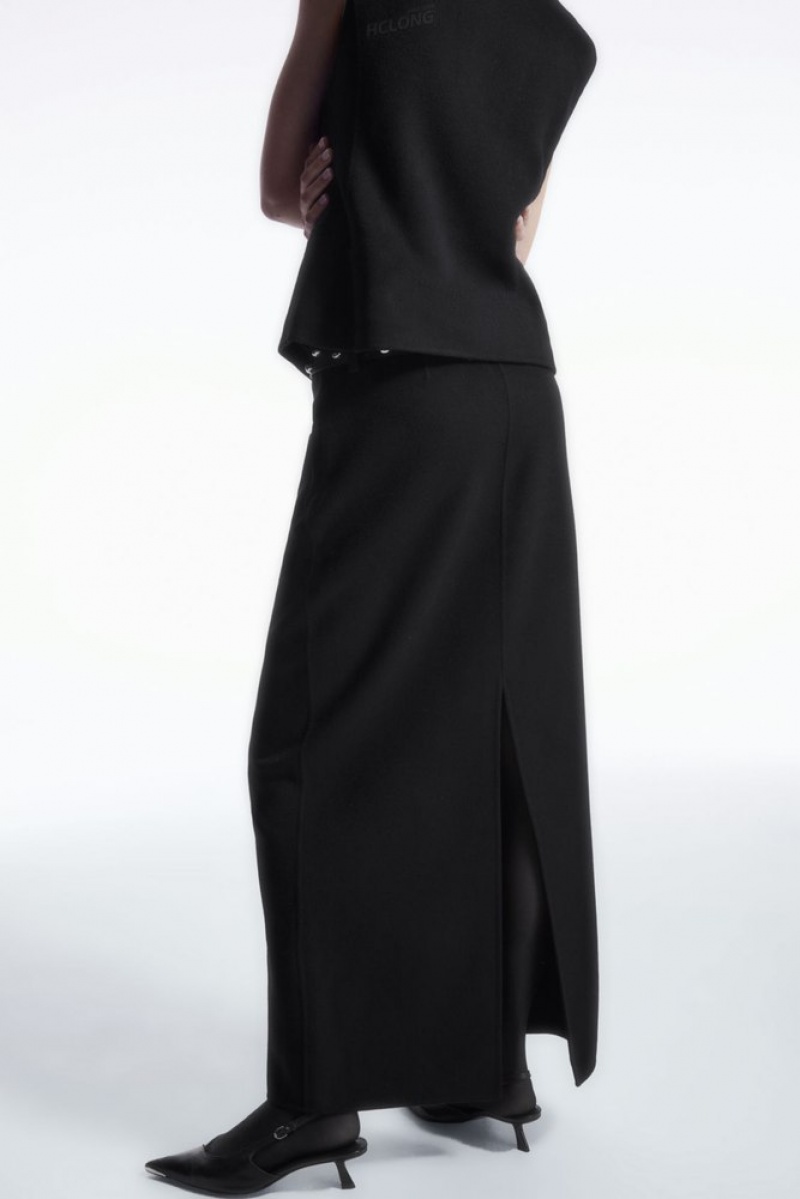 COS Double-Faced Wool Column Maxi Skirt Women's Skirts Black | FJ57-U7DR