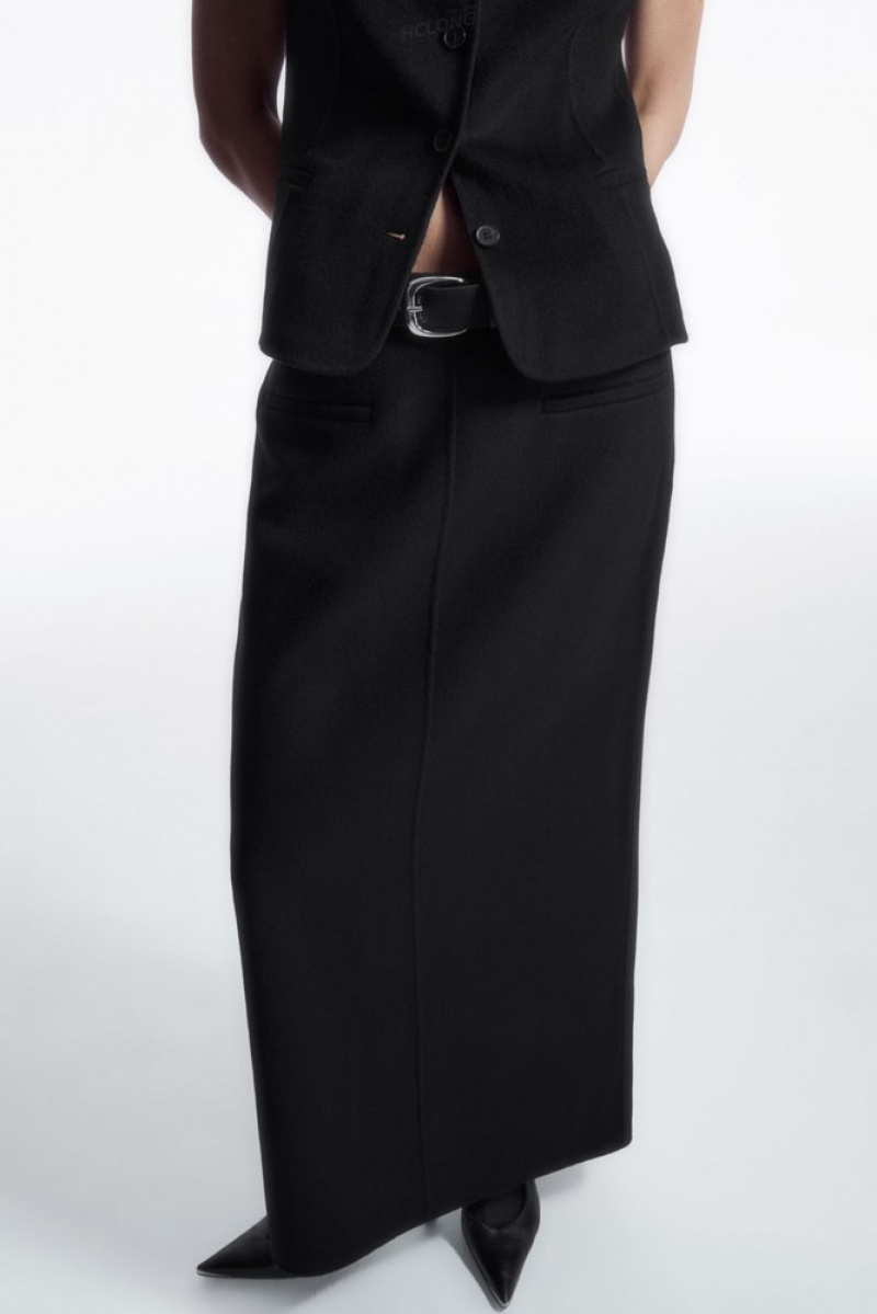 COS Double-Faced Wool Column Maxi Skirt Women's Skirts Black | FJ57-U7DR