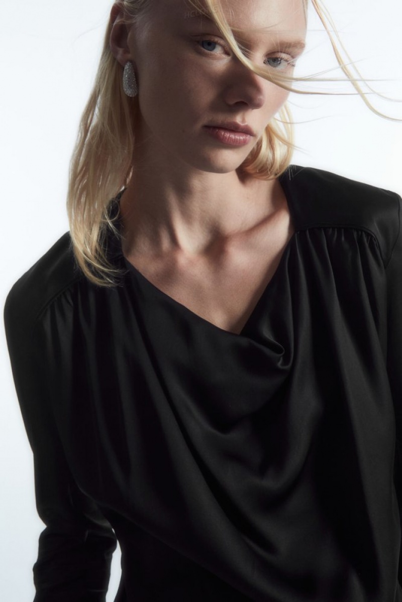 COS Draped Cowl-Neck Satin Top Women's Tops Black | EN82-D6SM