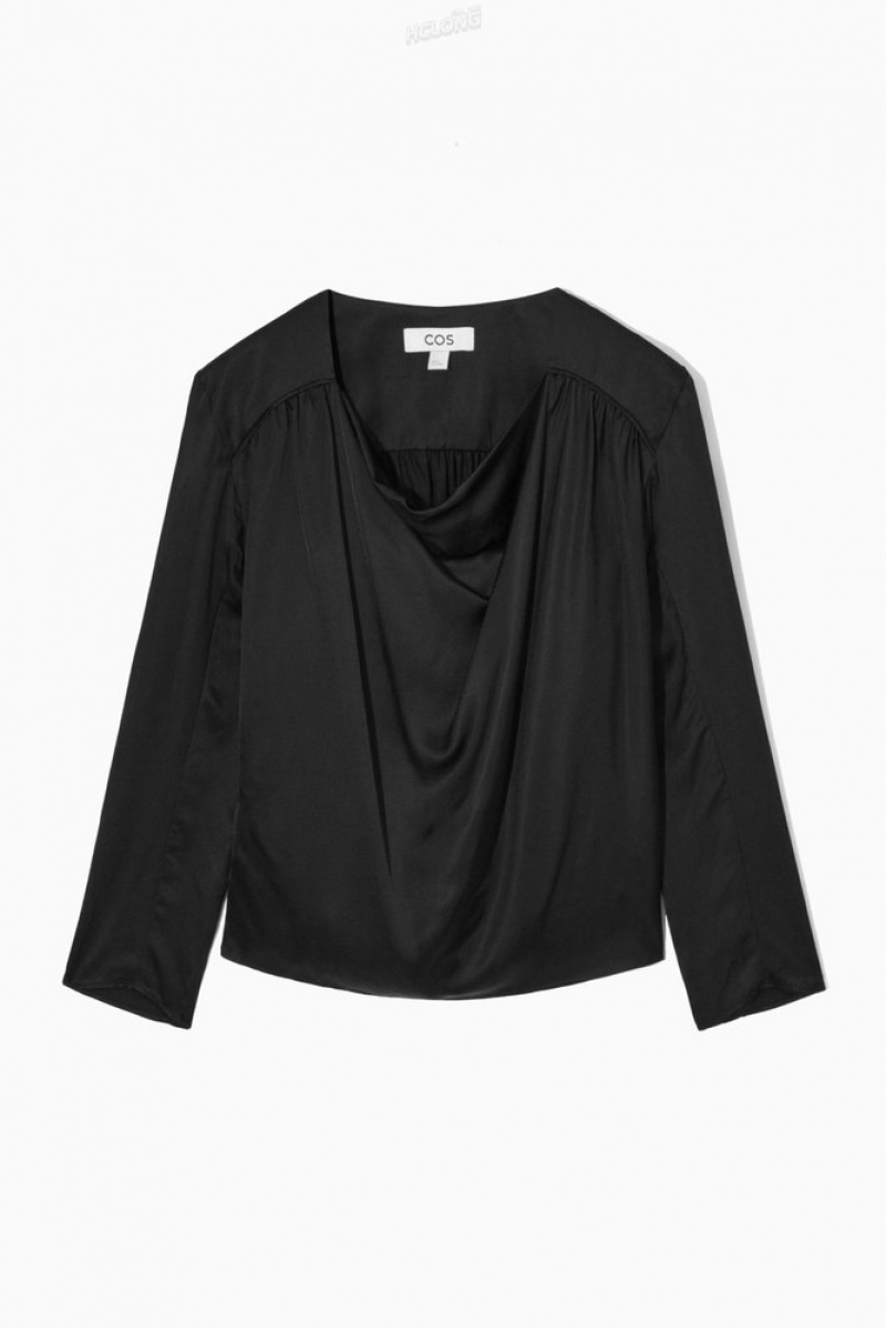 COS Draped Cowl-Neck Satin Top Women's Tops Black | EN82-D6SM