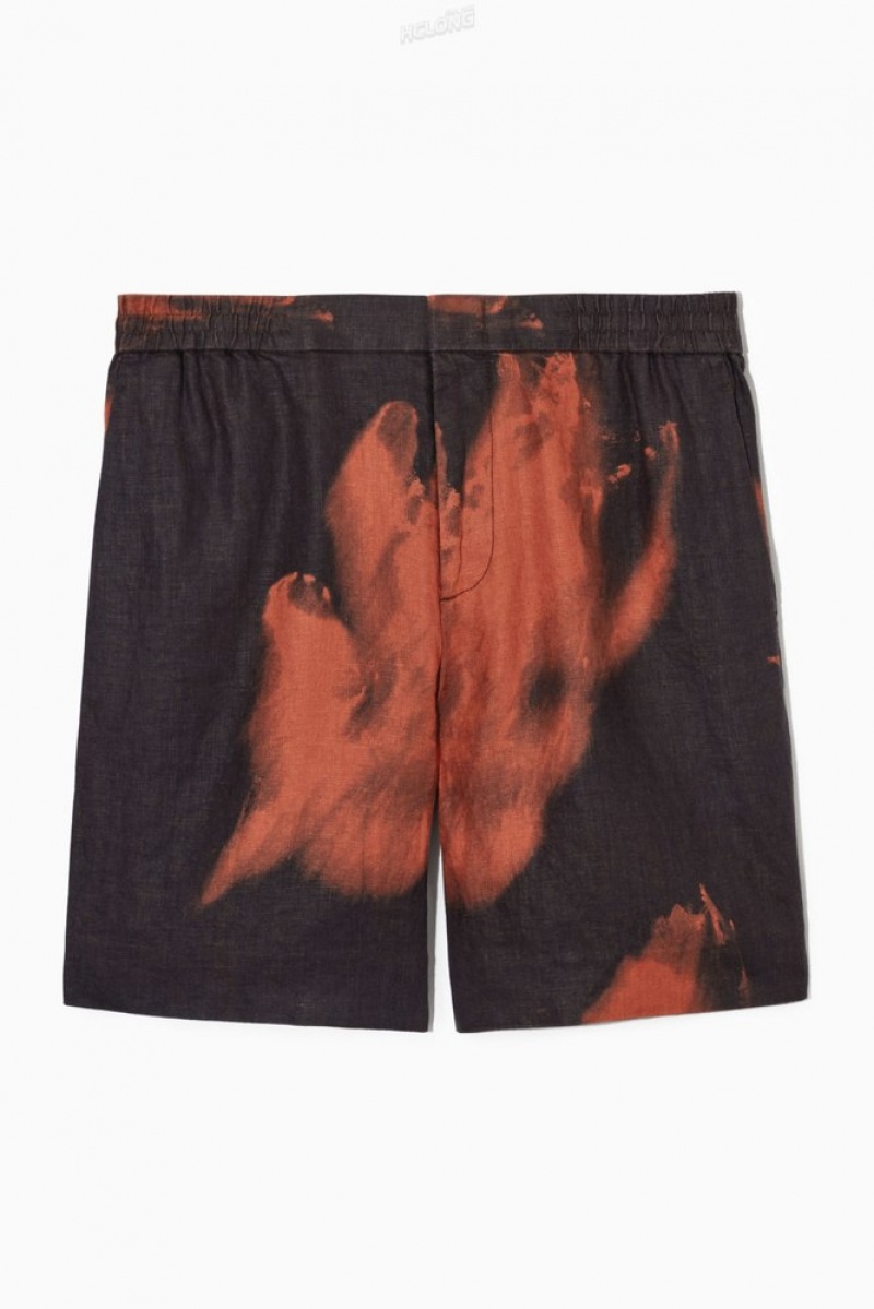 COS Elasticated Linen Shorts Men's Shorts Navy / Rust / Printed | MU45-Y4UM