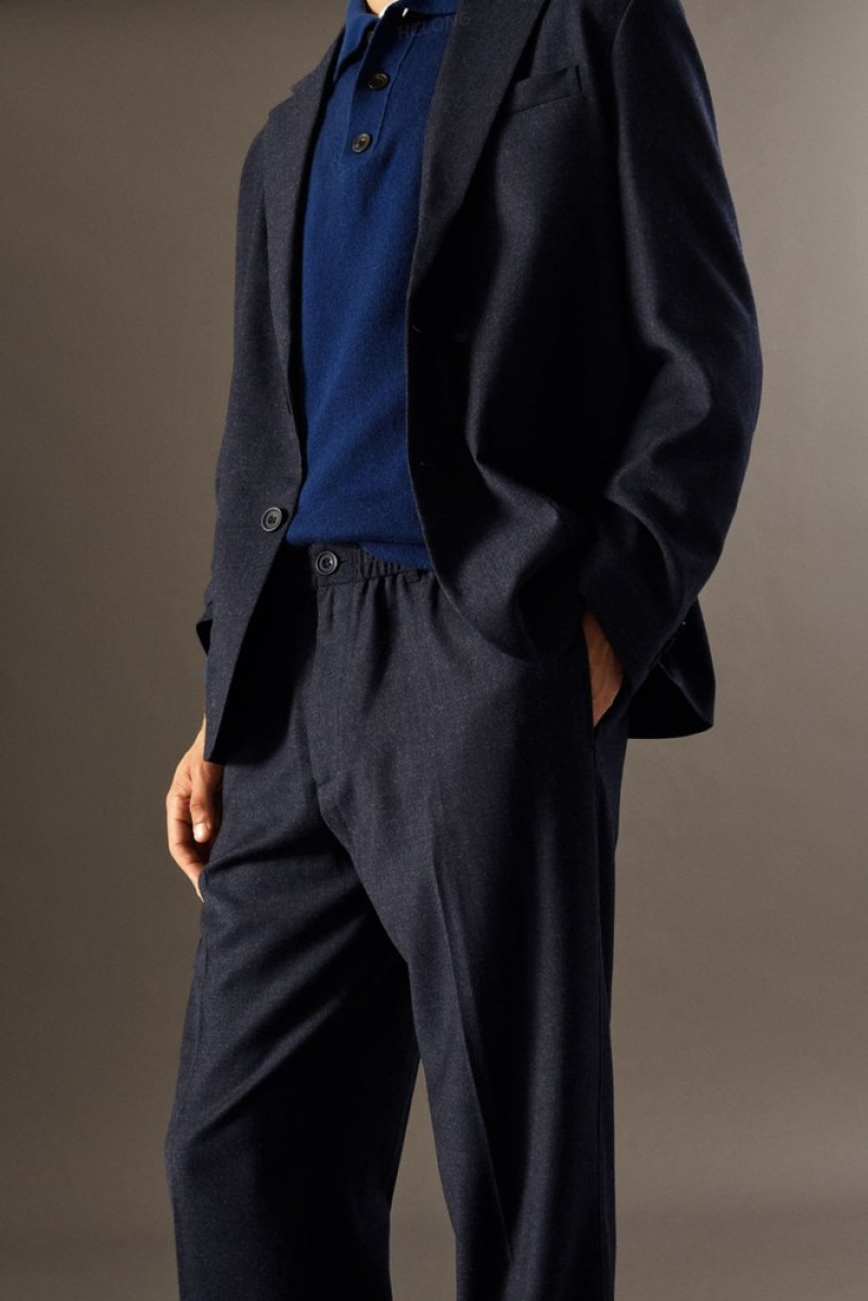 COS Elasticated Wool-Flannel Pants - Tapered Men's Suit Pants Navy MéLange | ZI75-L1MK