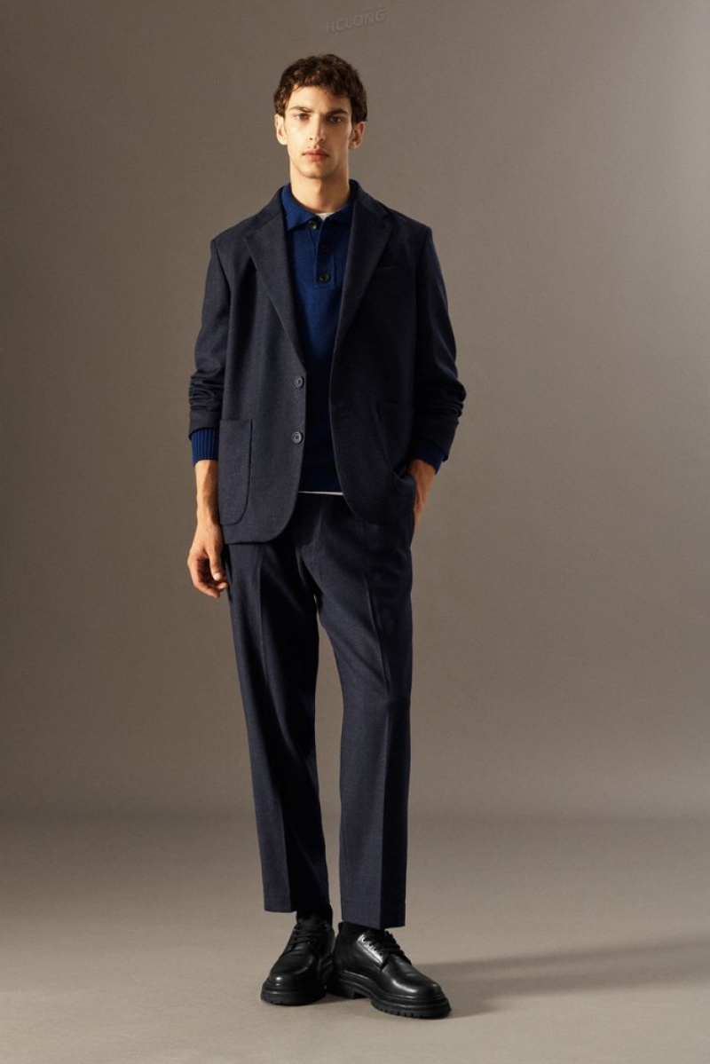 COS Elasticated Wool-Flannel Trousers - Tapered Men\'s Suit Trousers Navy MéLange | YT51-Z4IT