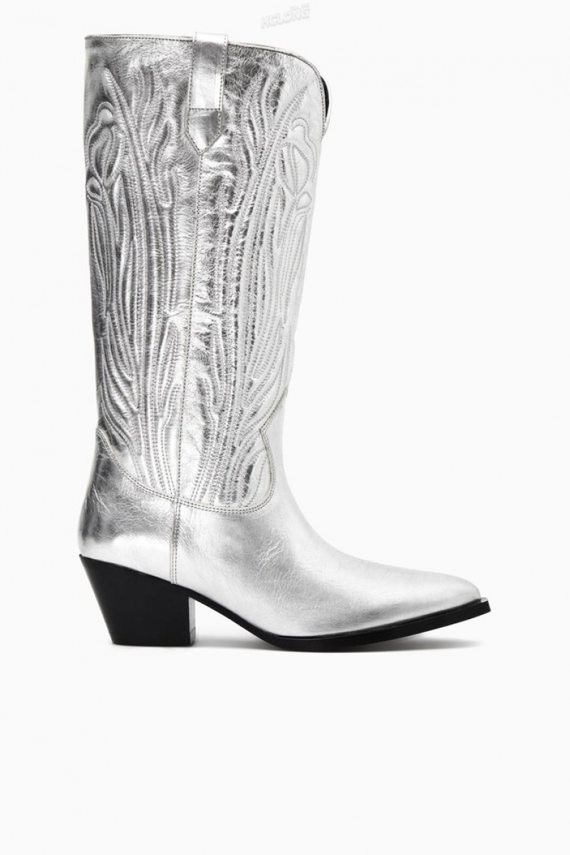 COS Embroidered Leather Cowboy Boots Women's Boots Silver | HM25-D2ZY