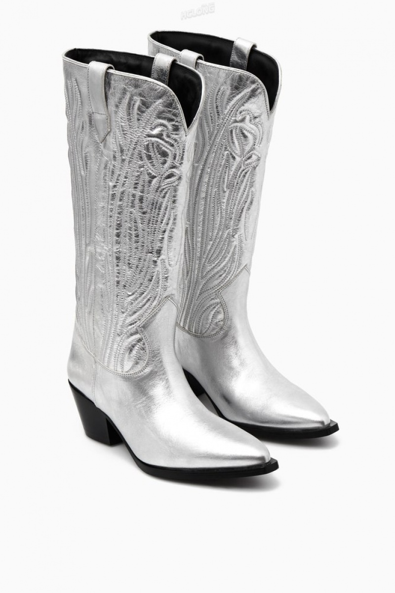 COS Embroidered Leather Cowboy Boots Women's Boots Silver | HM25-D2ZY