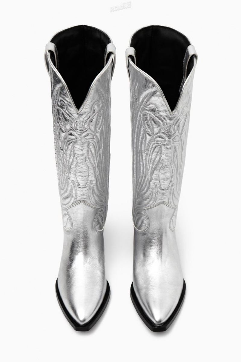 COS Embroidered Leather Cowboy Boots Women's Boots Silver | HM25-D2ZY