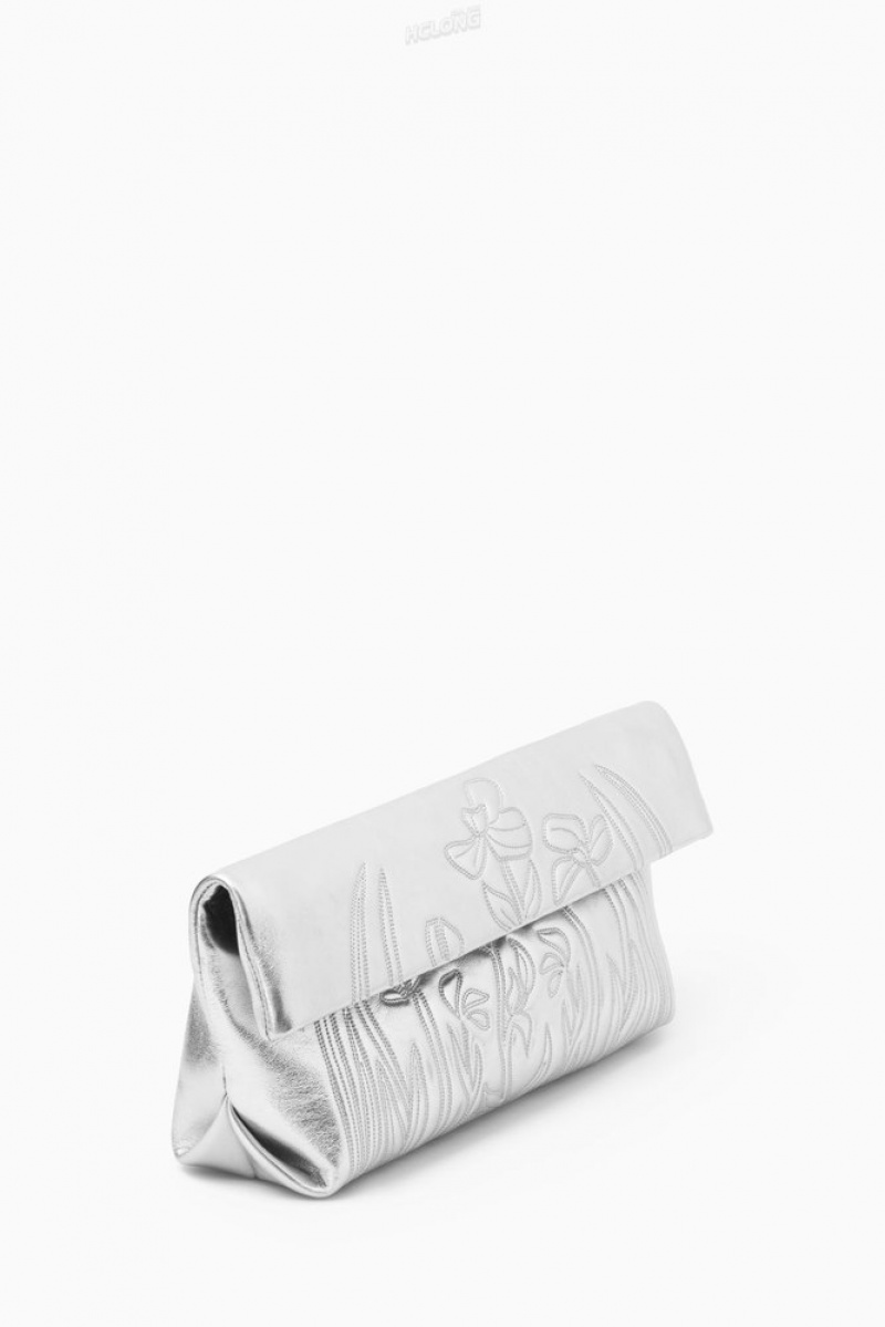 COS Embroidered Western Clutch - Leather Women's Bags Silver | VD14-F0GI