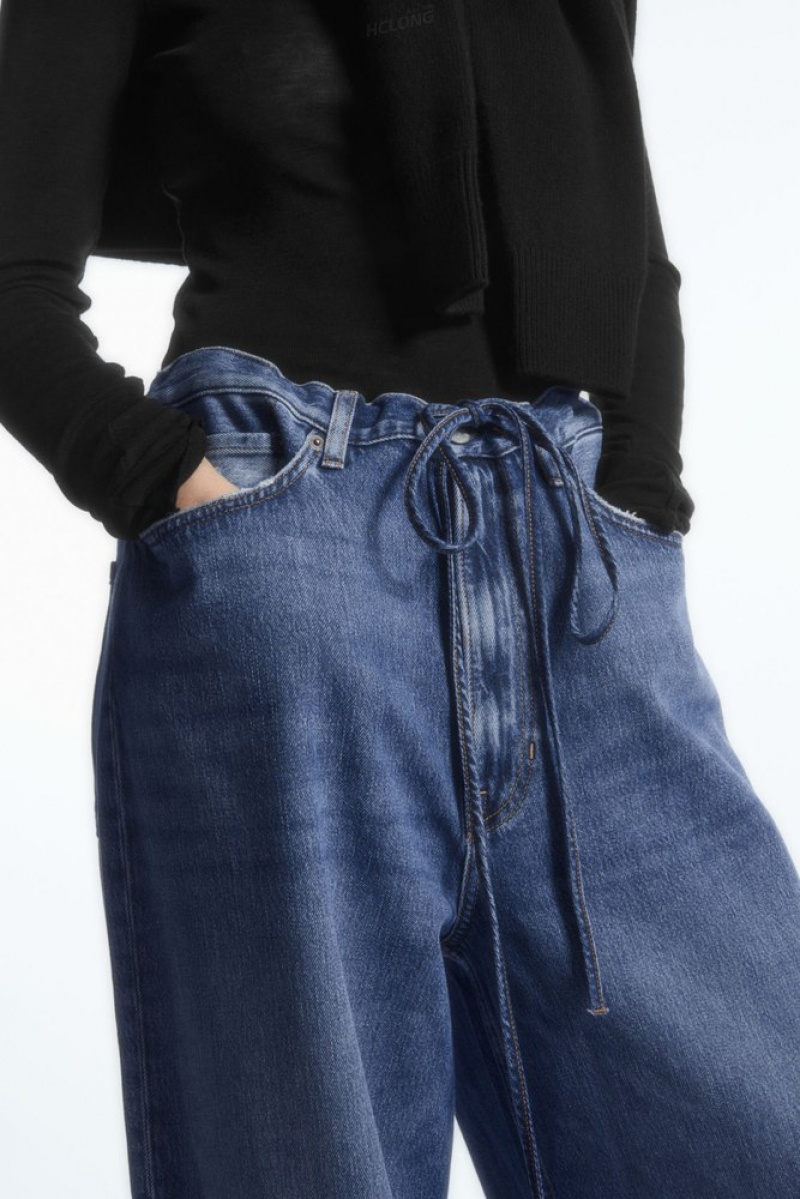 COS Extra Wide Leg Drawstring Denim Pants Women's Jeans Blue | PD39-F6SY