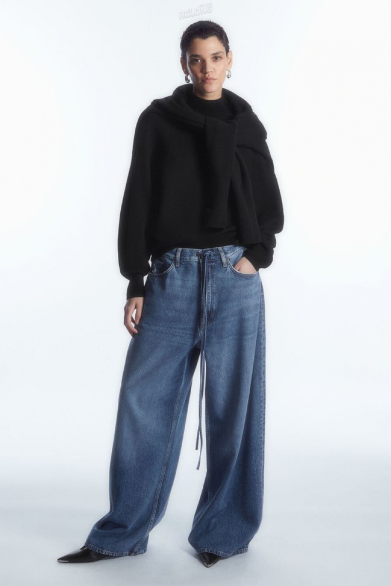 COS Extra Wide Leg Drawstring Denim Trousers Women's Trousers Blue | KW95-G0RD