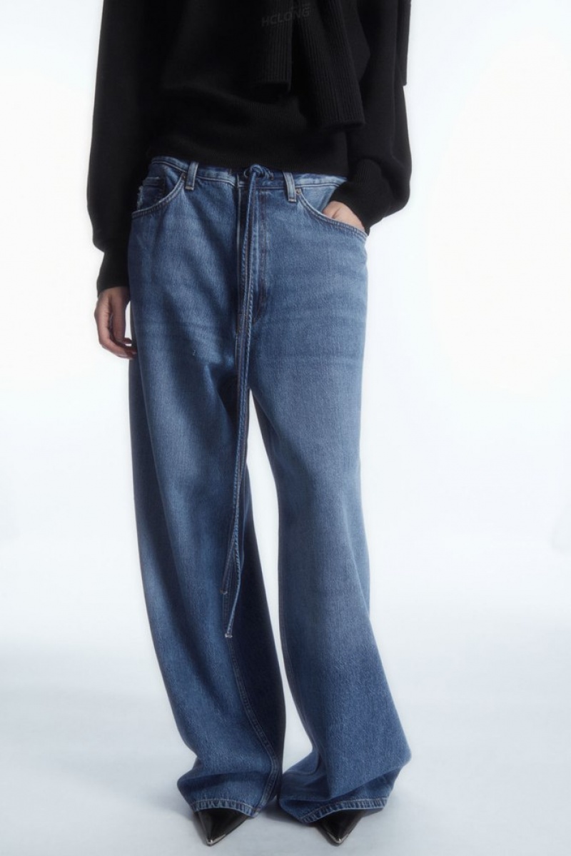 COS Extra Wide Leg Drawstring Denim Trousers Women's Trousers Blue | KW95-G0RD