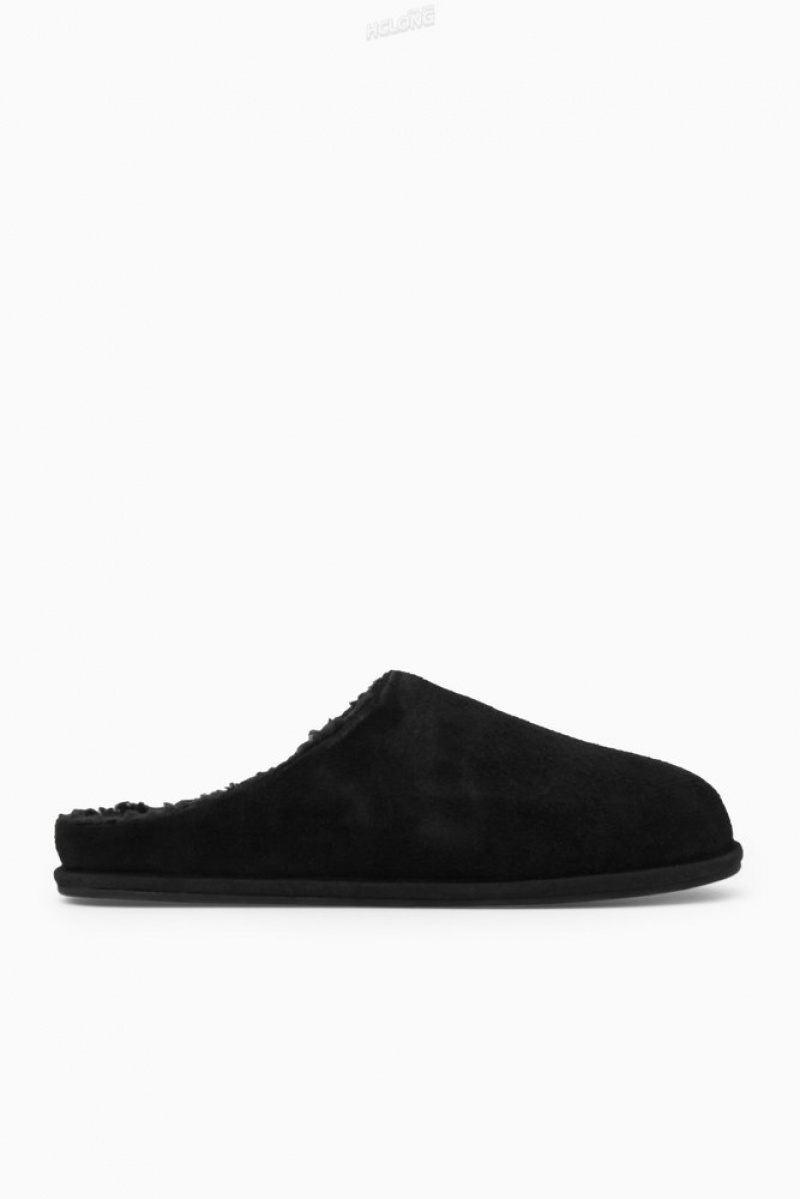 COS Fleece-Lined Suede Slippers Men's Slippers Black | SE96-E9SA