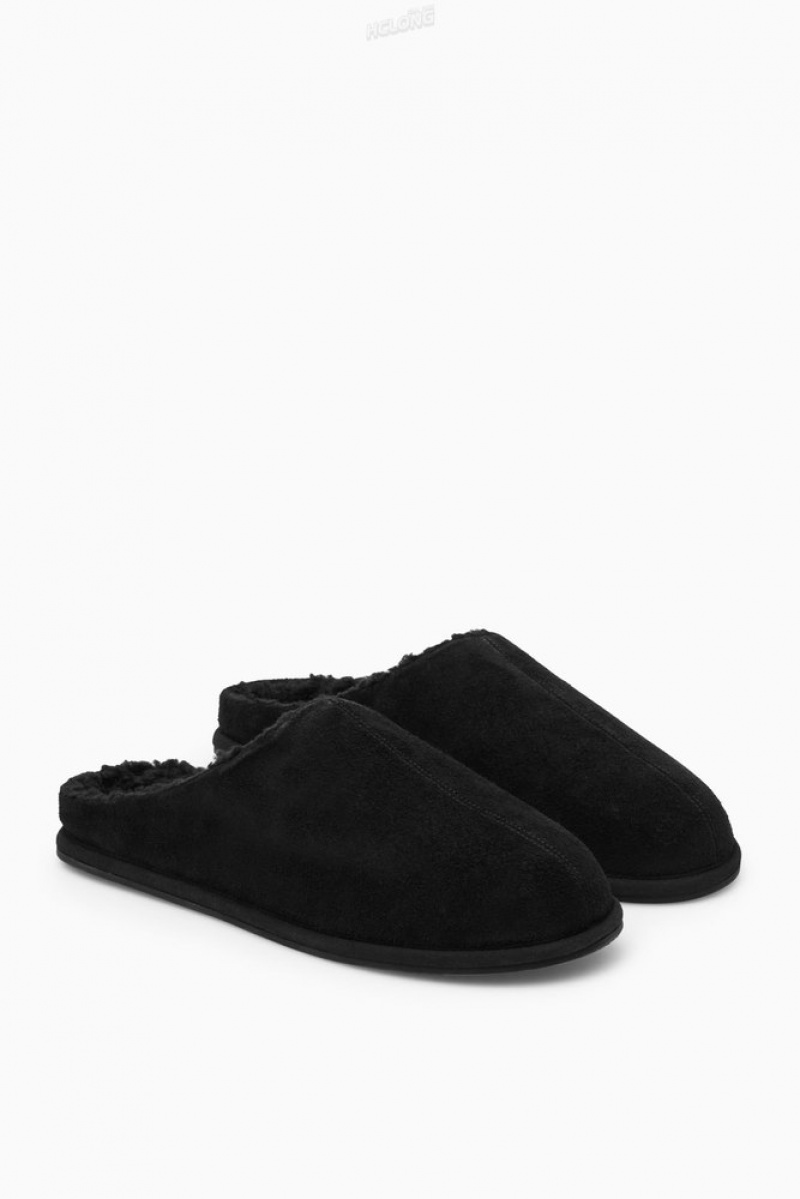 COS Fleece-Lined Suede Slippers Men's Slippers Black | SE96-E9SA