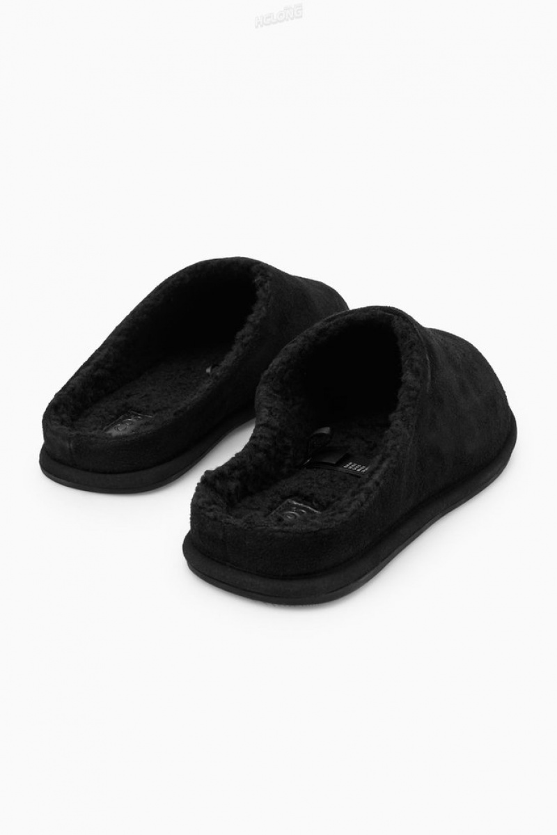 COS Fleece-Lined Suede Slippers Men's Slippers Black | SE96-E9SA