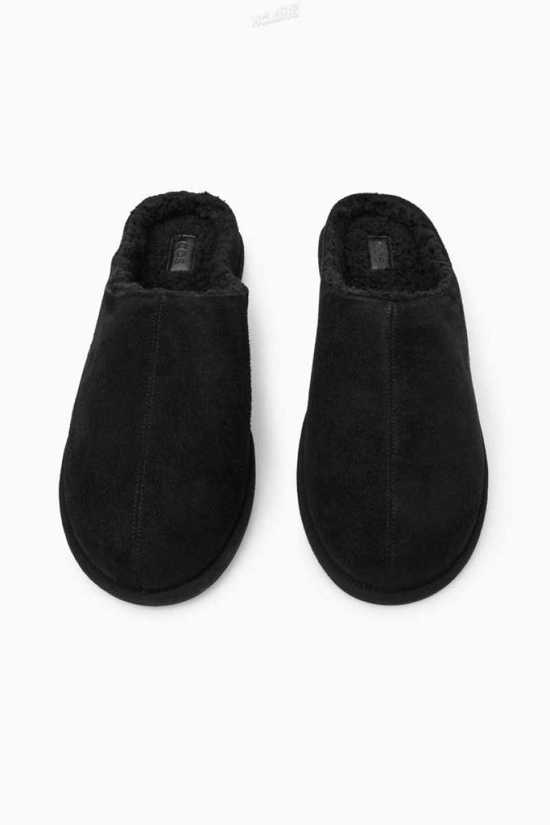 COS Fleece-Lined Suede Slippers Men's Slippers Black | SE96-E9SA