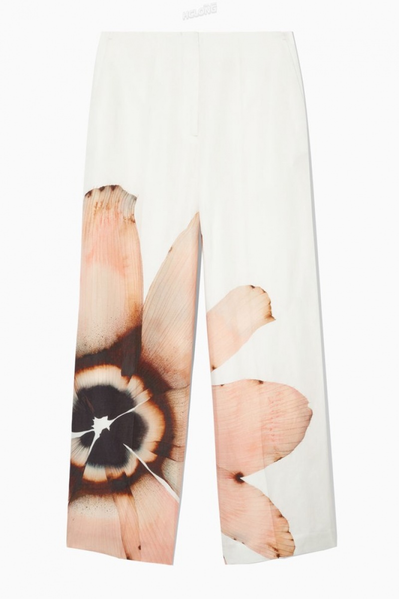 COS Floral-Print Wide-Leg Trousers Women's Trousers White / Floral | OY07-I7EH