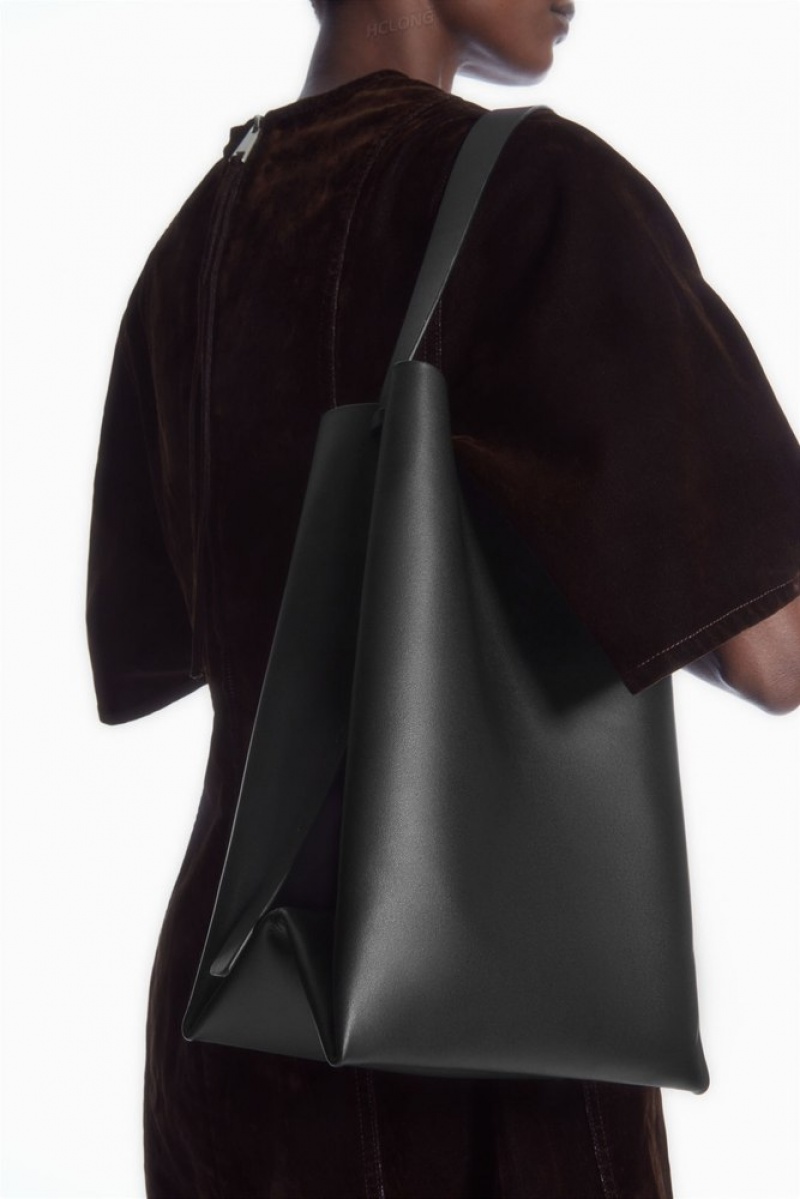 COS Folded Shopper - Leather Women's Bags Black | OZ49-K0HR