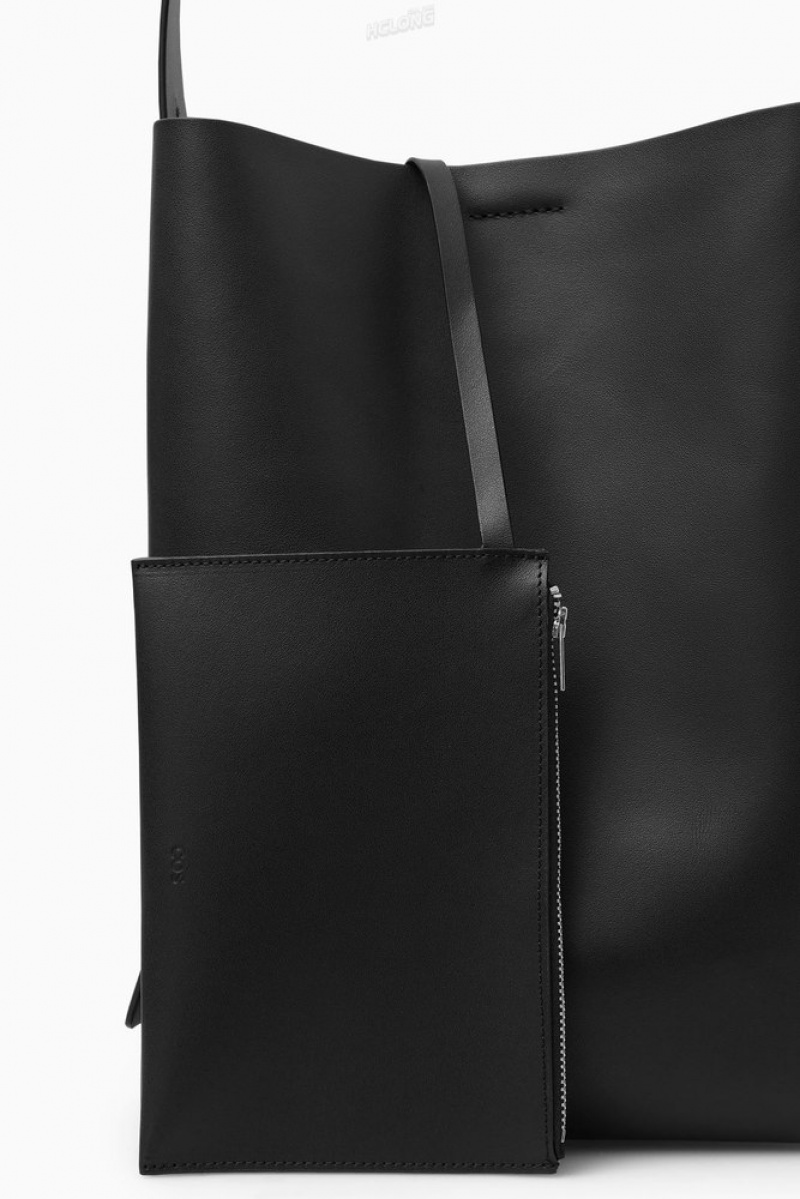 COS Folded Shopper - Leather Women's Bags Black | OZ49-K0HR