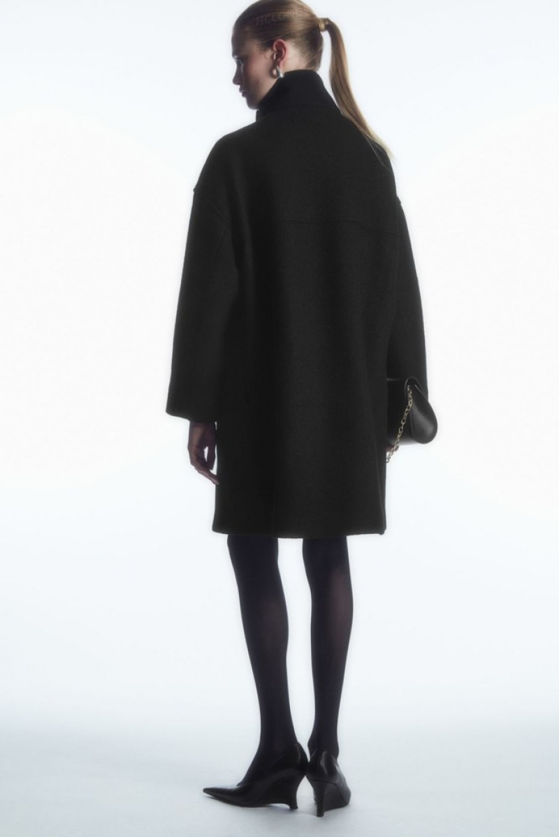 COS Funnel-Neck Boiled-Wool Coat Women's Coats & Jackets Black | CD91-A0ZB