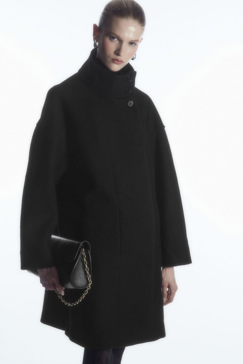 COS Funnel-Neck Boiled-Wool Coat Women's Coats & Jackets Black | CD91-A0ZB