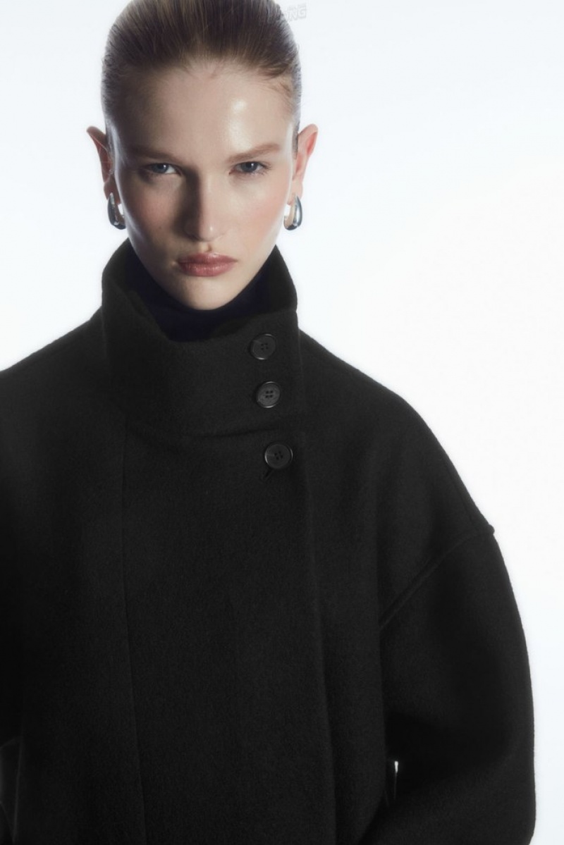 COS Funnel-Neck Boiled-Wool Coat Women's Coats & Jackets Black | CD91-A0ZB