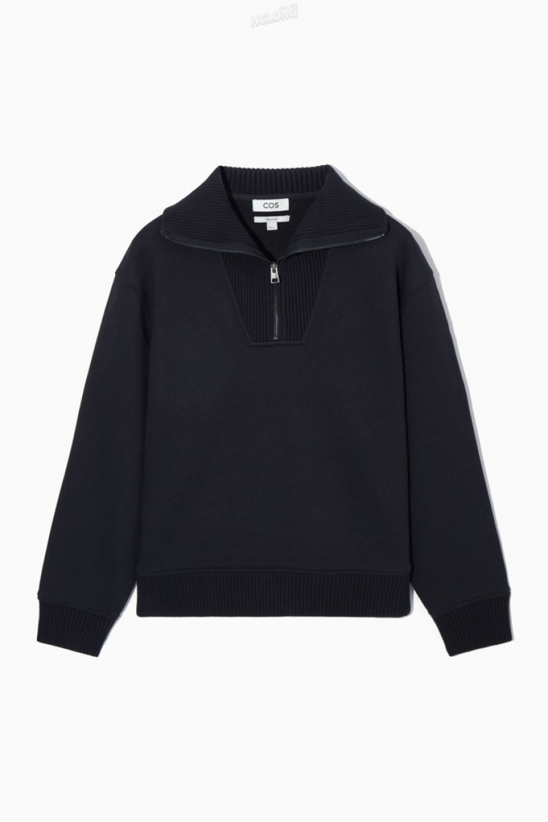 COS Funnel-Neck Half-Zip Sweatshirt Men's Sweatshirts & Hoodies Dark Navy | SF86-W8JJ