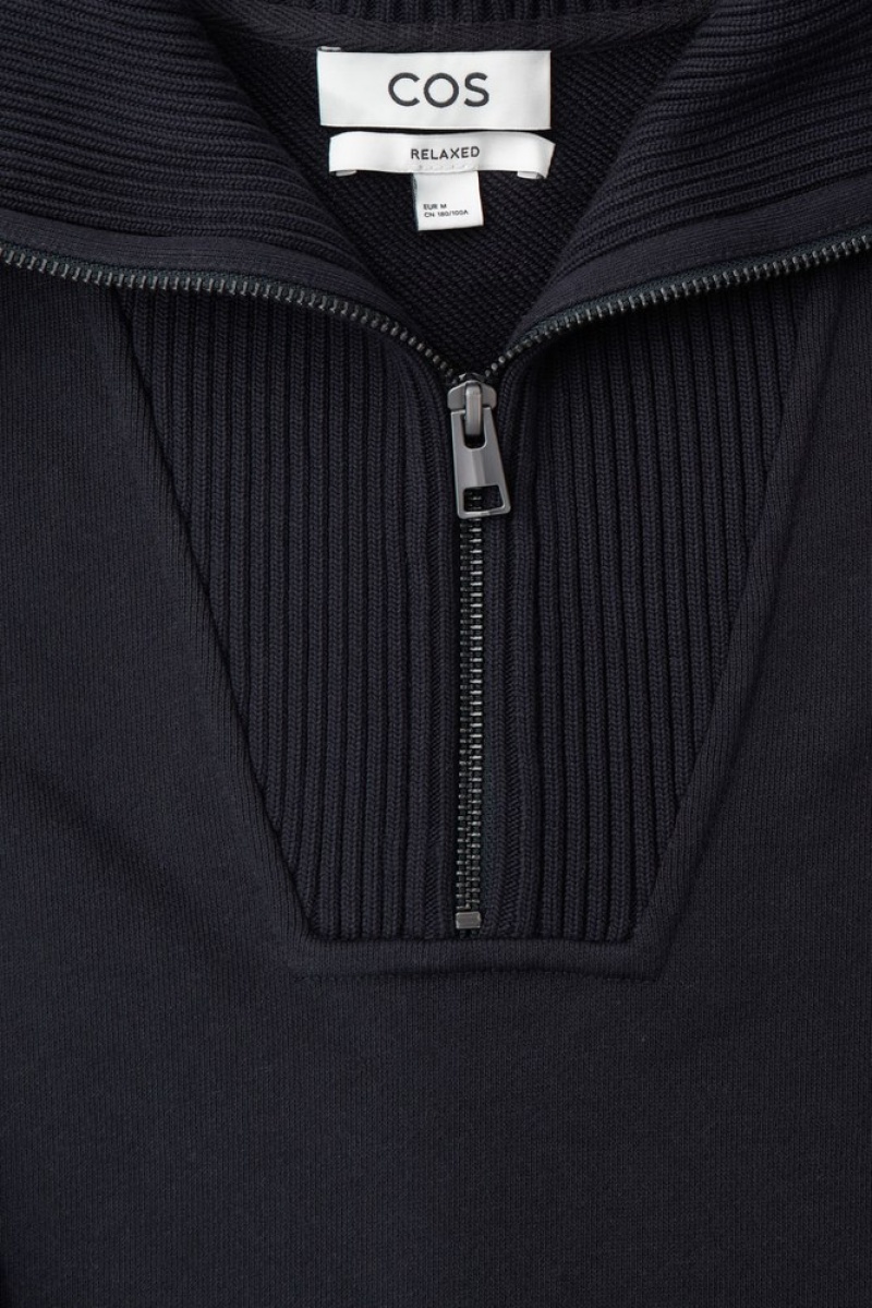 COS Funnel-Neck Half-Zip Sweatshirt Men's Sweatshirts & Hoodies Dark Navy | SF86-W8JJ