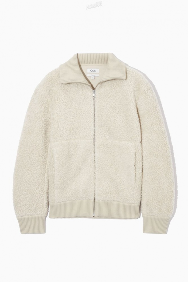 COS Funnel-Neck Teddy Jacket Men's Coats & Jackets Light Beige | NV94-F7IU