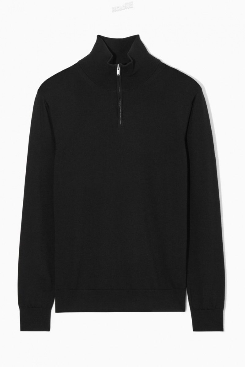 COS Funnel-Neck Wool Half-Zip Jumper Men's Knitwear Black | AG41-C7KU