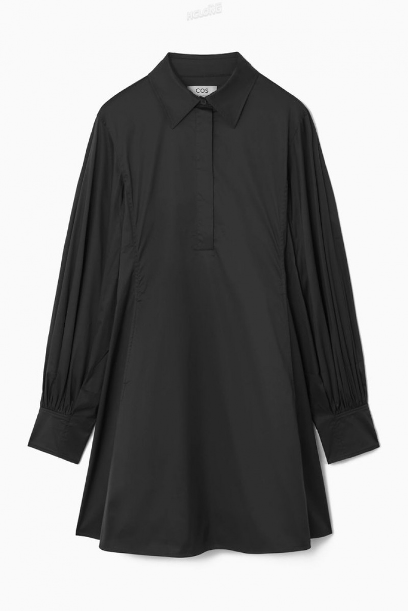 COS Gathered-Sleeve Mini Shirt Dress Women's Dresses Black | YO06-Y1MF