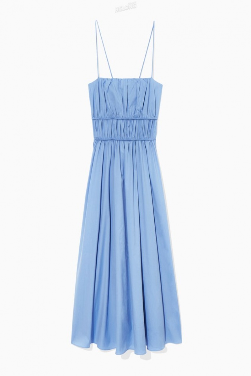 COS Gathered Bustier Midi Dress Women's Dresses Light Blue | RR88-W9VO