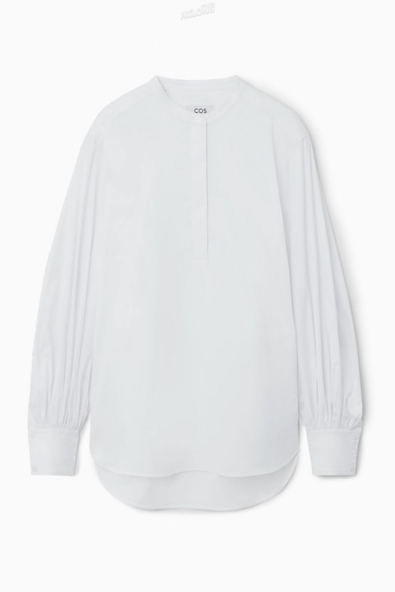 COS Gathered Grandad-Collar Blouse Women's Blouses White | KN05-B4DC