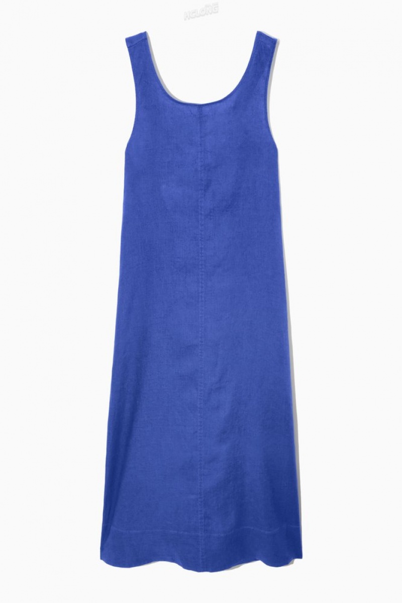 COS Gathered Linen Midi Dress Women's Dresses Blue | PO57-F6YU