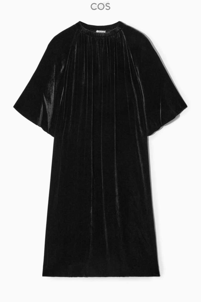 COS Gathered Silk-Blend Velvet Midi Dress Women's Dresses Black | WG36-L6GC