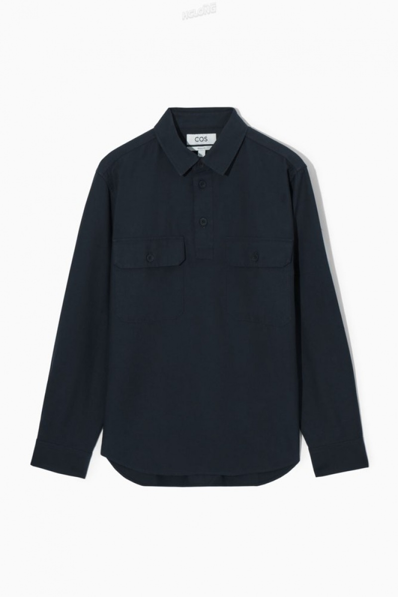 COS Half-Placket Utility Overshirt Men's Shirts Navy | NN08-Z5KN