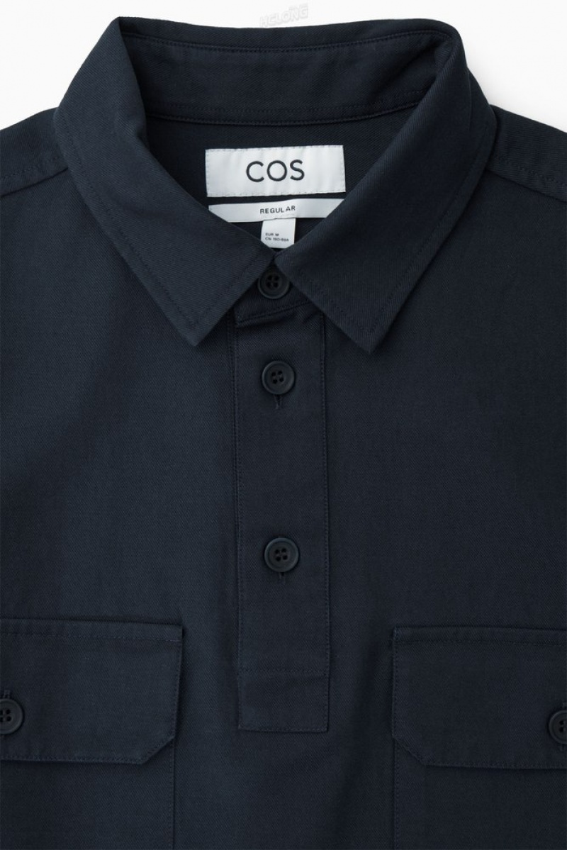 COS Half-Placket Utility Overshirt Men's Shirts Navy | NN08-Z5KN