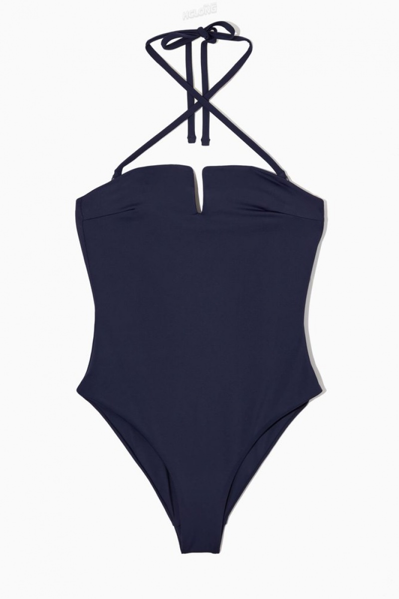 COS Halterneck Bandeau Swimsuit Women's Swimwear Navy | FH78-D9FU